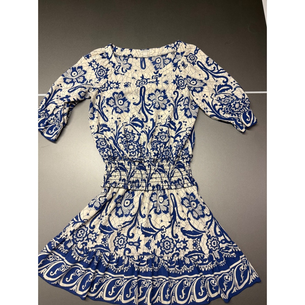 Boston Proper Blue White Floral Smocked Waist Mini Dress XS Made in USA